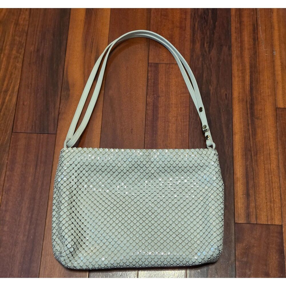 Vintage 70s Whiting & Davis Cream Mesh Handbag Purse Double Strap Logo Lining